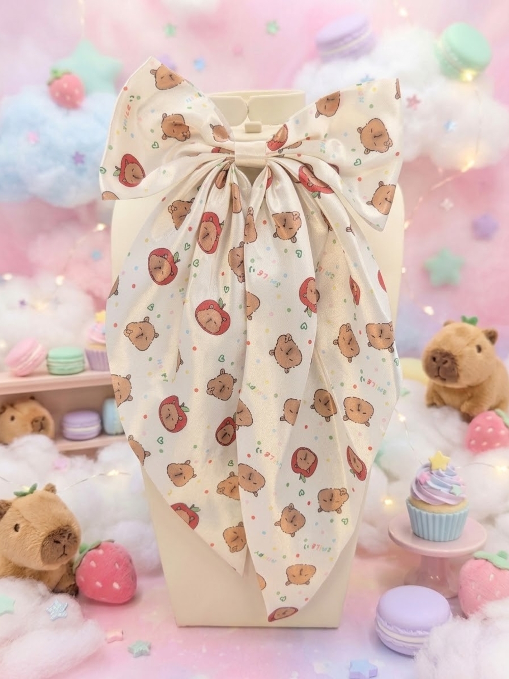 Cream Large Longtail Capybara Satin Style Hairbow